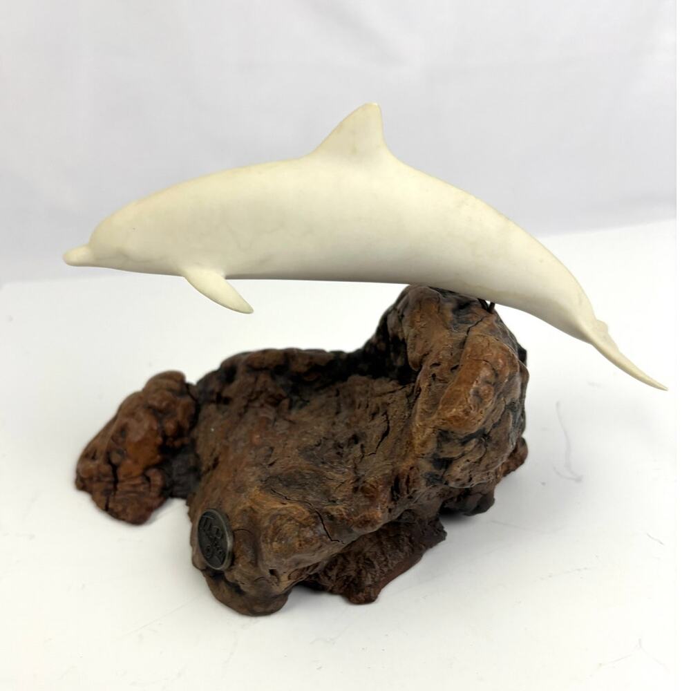 Vintage John Perry Porpoise Dolphin Sculpture Burlwood Original Nautical Decor‎